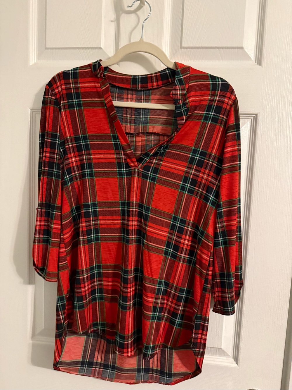 Red Plaid Women's V-Neck Tunic Top